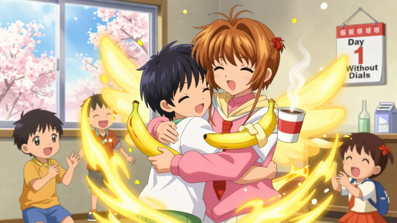 A transplant recipient hugging their donor, eating a banana and drinking coffee, surrounded by glowing light and joyful children.