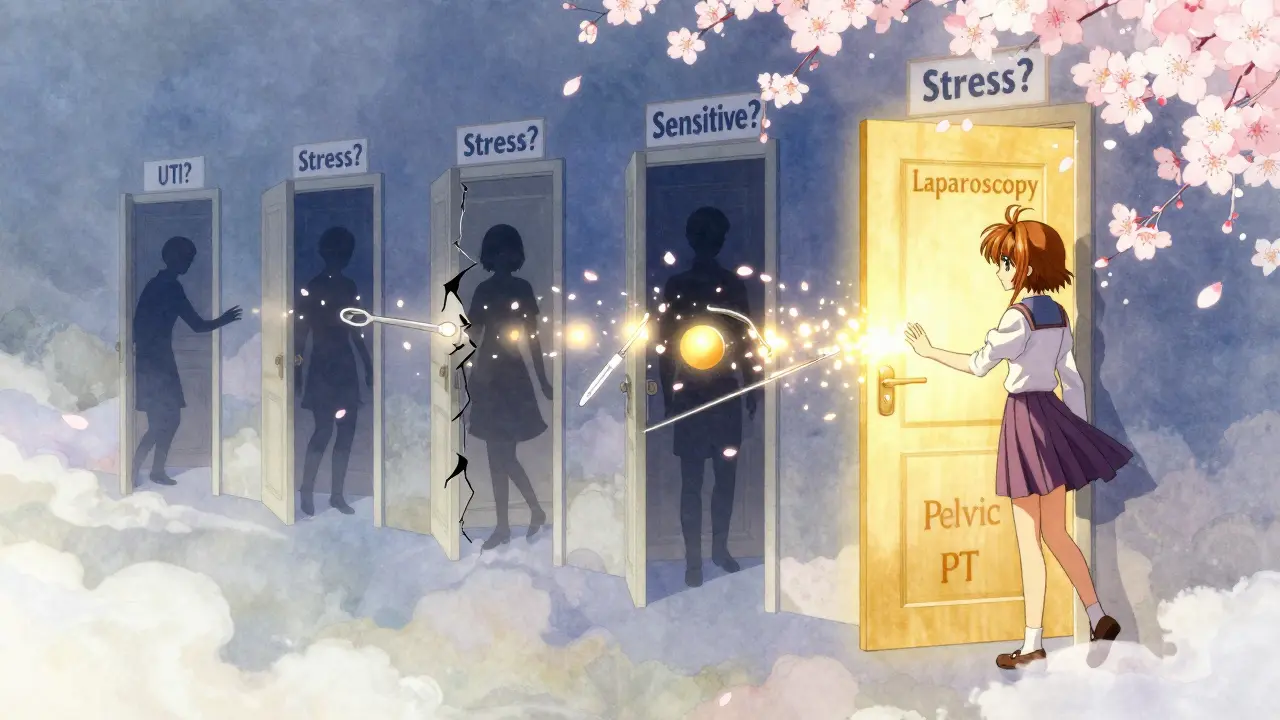 A woman reaching toward a golden door labeled 'Laparoscopy' amid dismissing shadows.