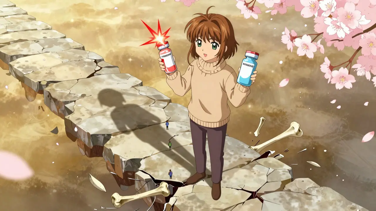 A woman standing confidently on a floating path, holding vials of two osteoporosis drugs as bone fragments fall below.