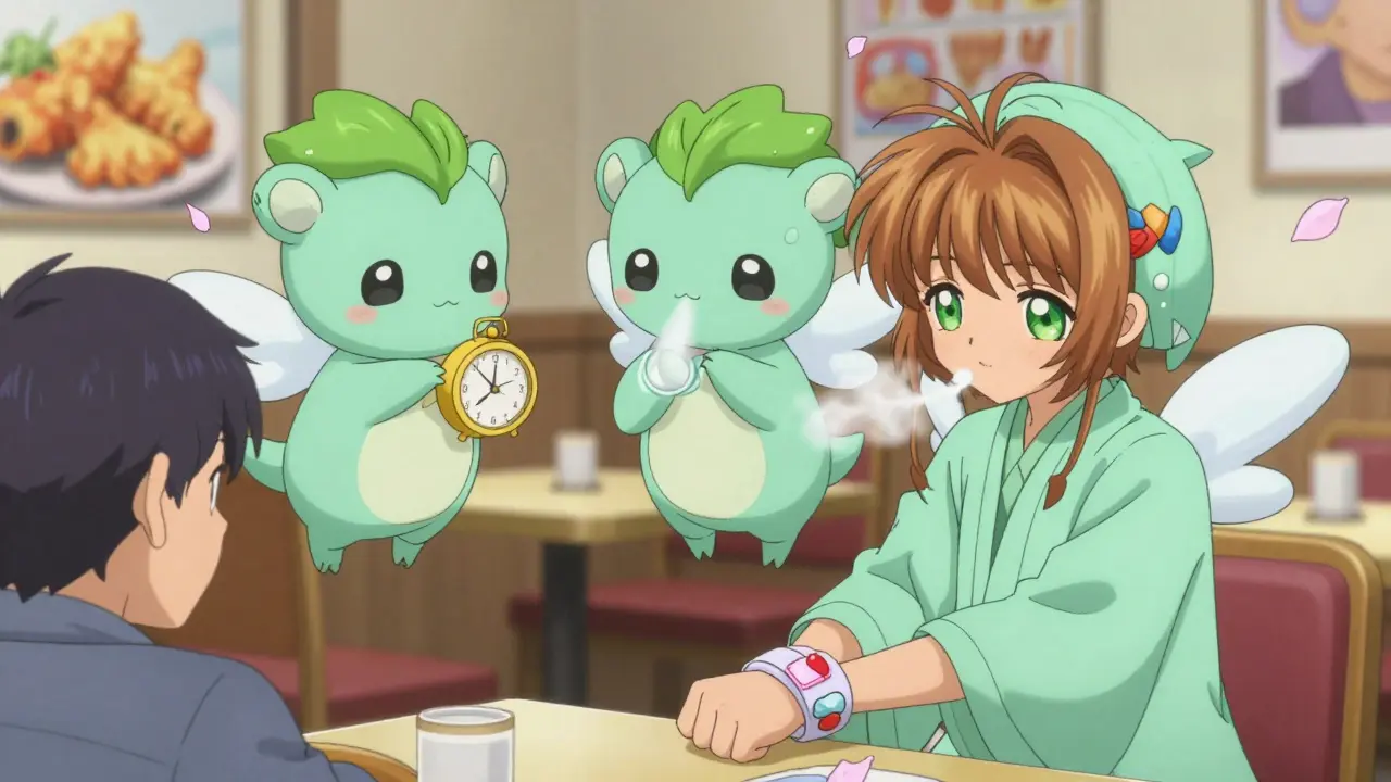 Cute magical spirits helping a person with nausea using ginger, peppermint, and acupressure magic.