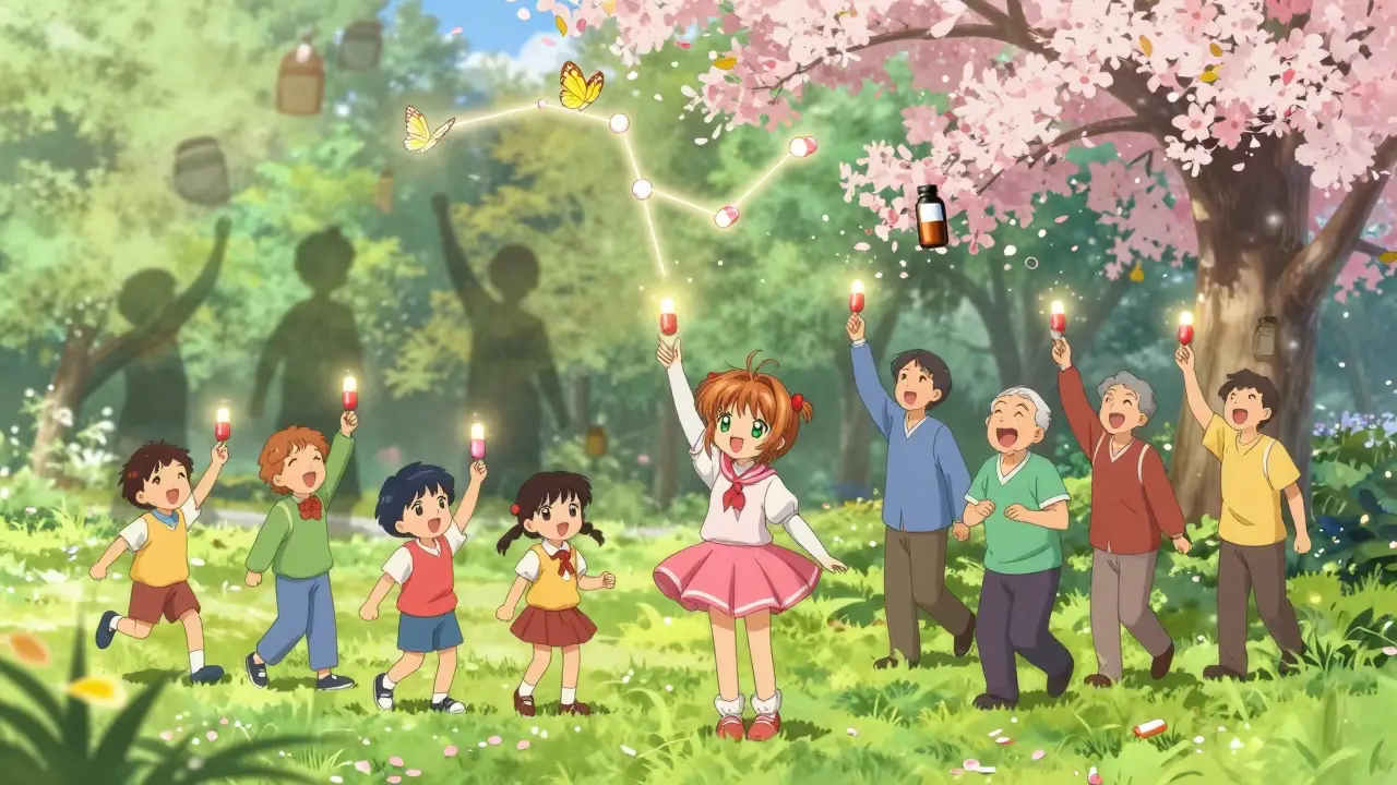 Diverse patients release biologic capsules that become butterflies, flying into a constellation of active, healthy lives.