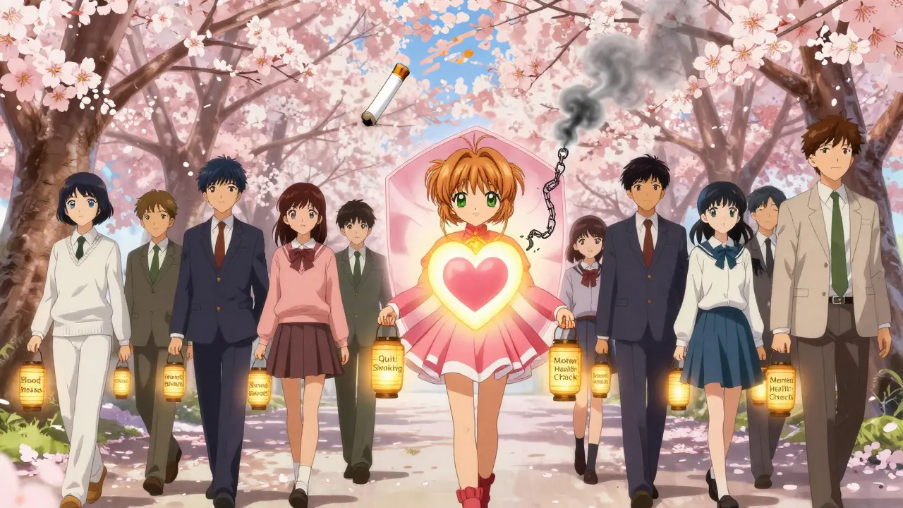 Diverse people walking under cherry blossoms, each holding lanterns for health habits, forming a protective light shield around a heart.