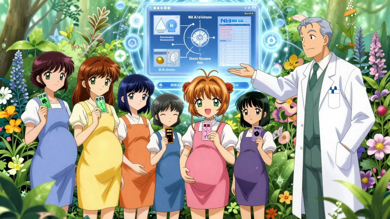 Diverse pregnant people in a garden with glowing drug cards, guided by a teratologist toward a data-powered future.