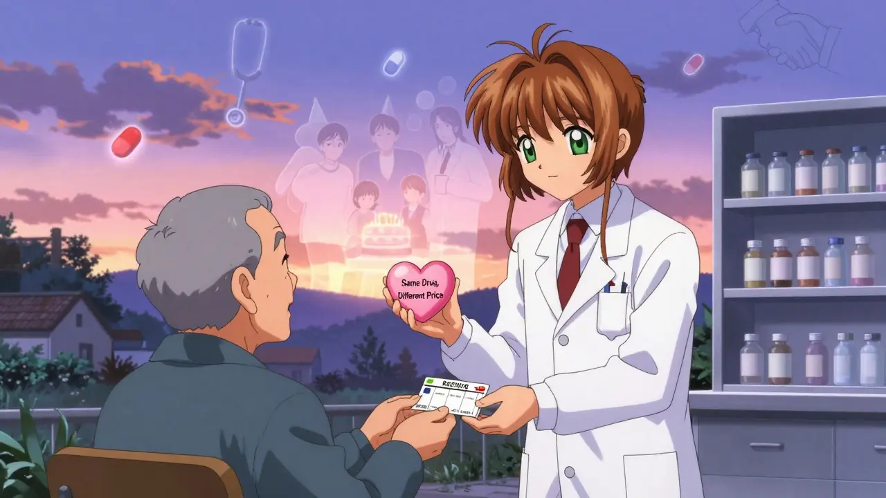 Doctor giving generic prescription to elderly patient in rural clinic, heart icon and family vision glowing softly.