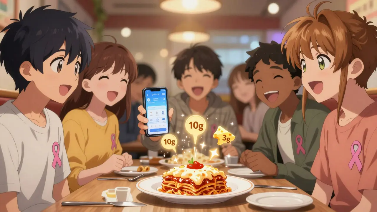 Friends at a restaurant scanning lasagna with a phone app, animated carb grams glowing above the dish.