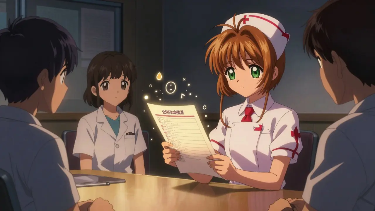 Healthcare workers gather around a glowing mandatory reporting form in a quiet break room.