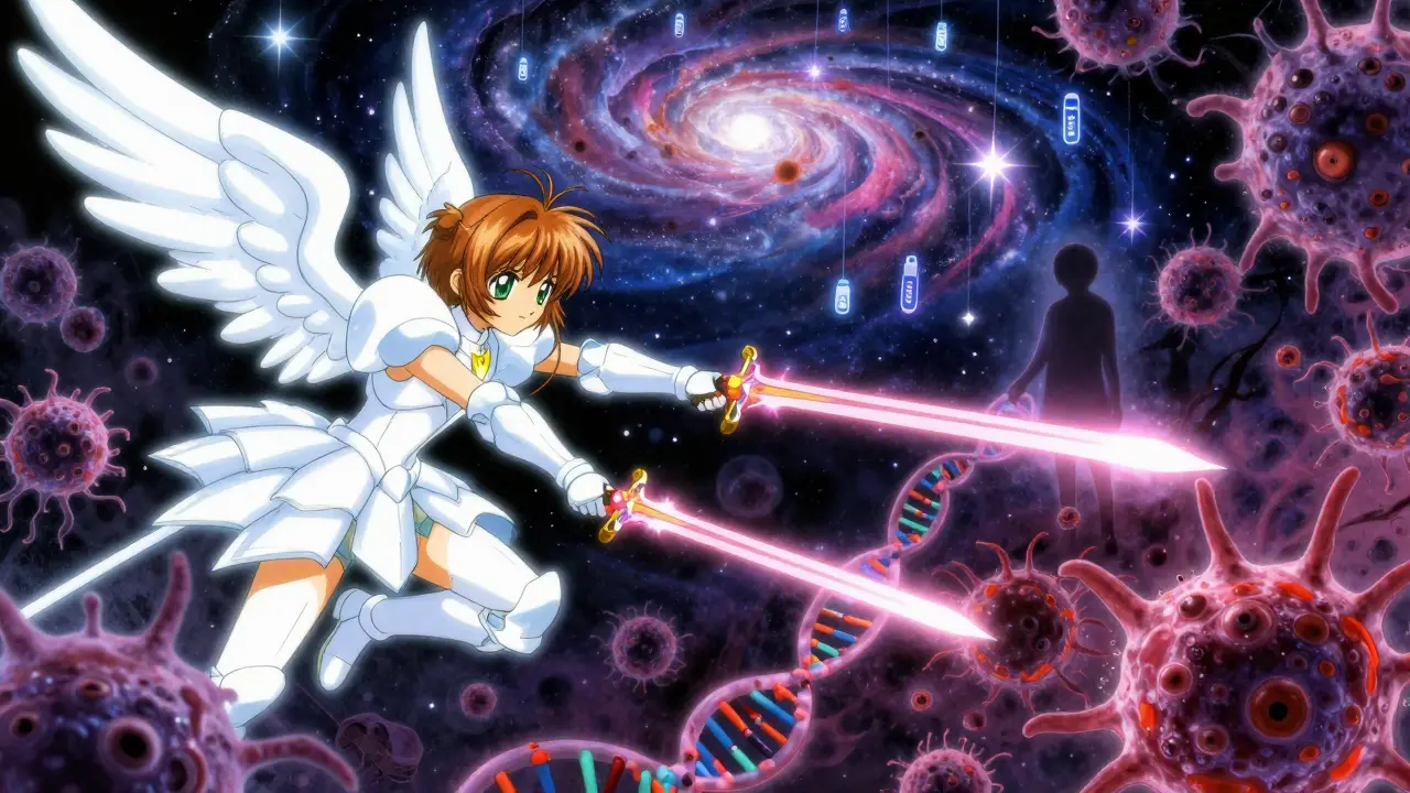 Immune system angels fighting cancer cells inside a glowing human body, with DNA swords and star-like drugs.