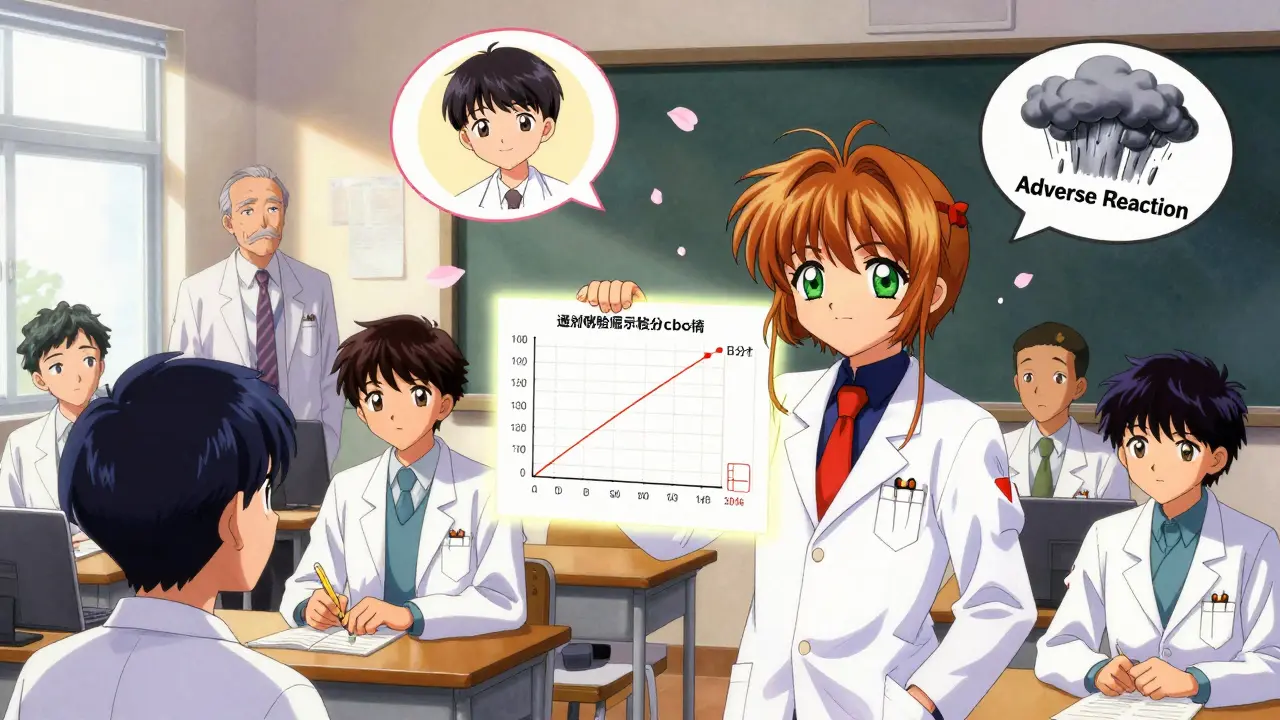 Medical students in classroom with glowing chart showing drug absorption, older professors skeptical in background.