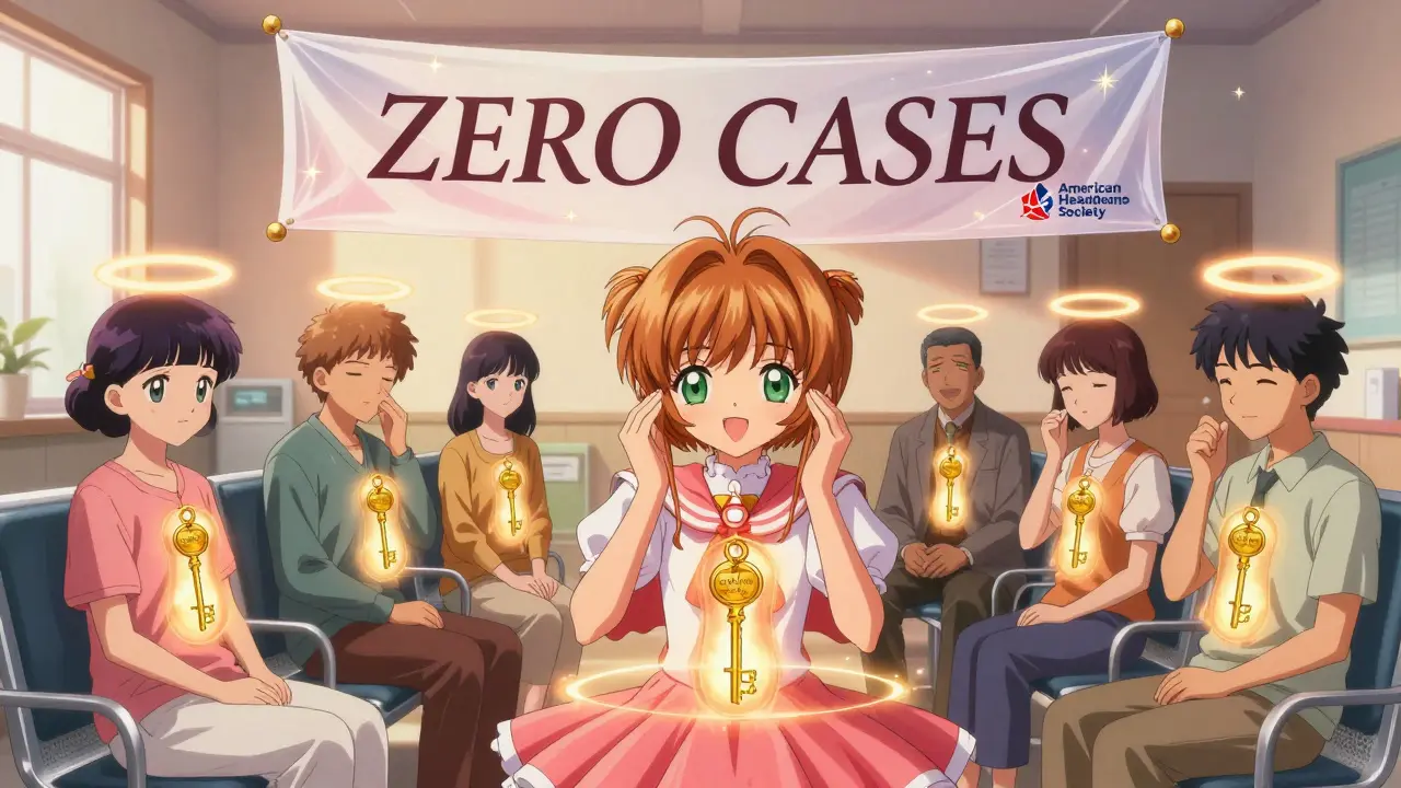 Patients with migraine auras receive triptan pills that unlock pain barriers, with 'ZERO CASES' glowing above them.