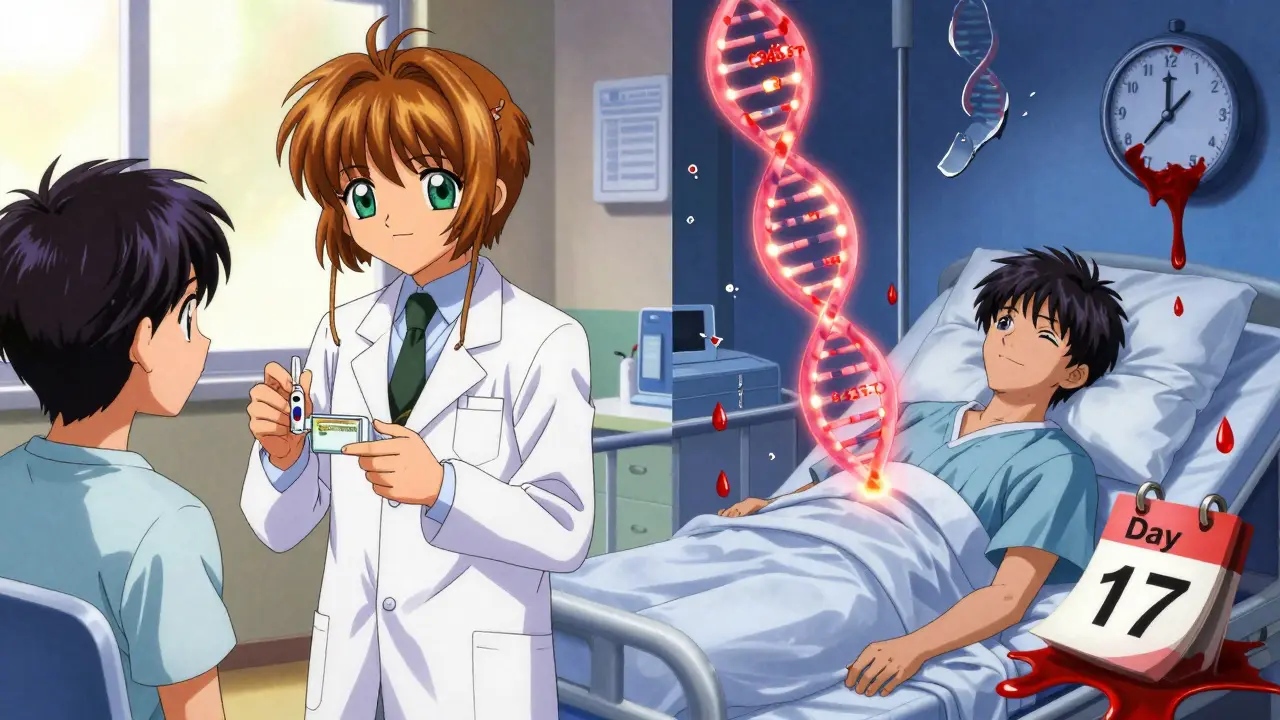 Split scene: doctor prescribes amiodarone vs. patient later in bed with glowing genetic markers and falling blood droplets.