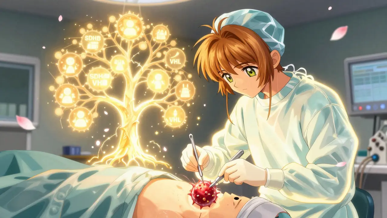 Surgeon removing a shimmering tumor with glowing tools, family gene tree glowing behind, sakura petals floating in the operating room.