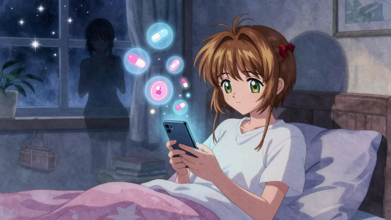 Woman using the MotherToBaby app at night, safe medication symbols floating above her bed under starry skies.