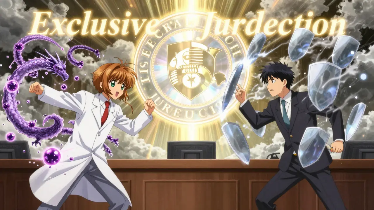 A courtroom duel between biologic dragons and tablet shields under the glowing Federal Circuit seal.