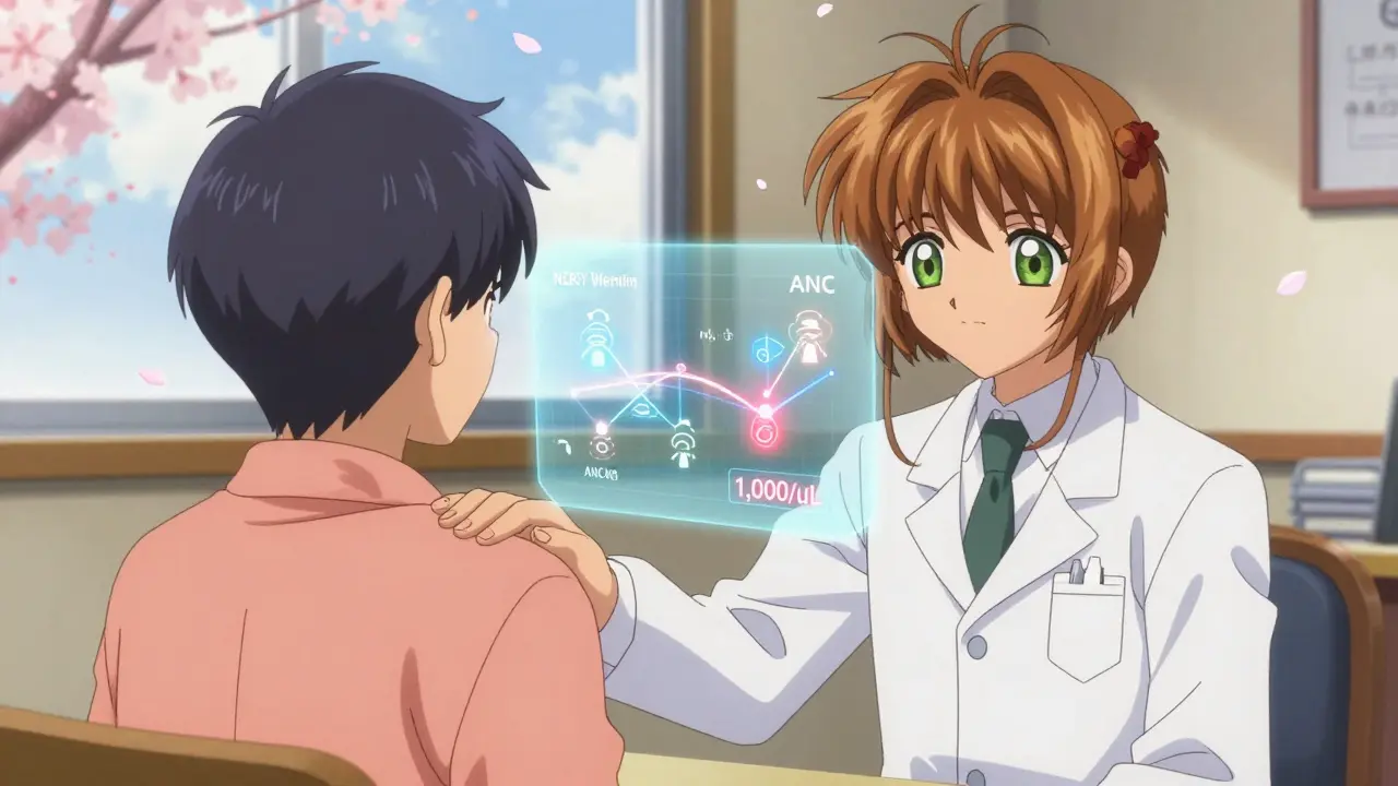 A doctor and patient share a calm moment as a holographic ANC timeline glows between them.
