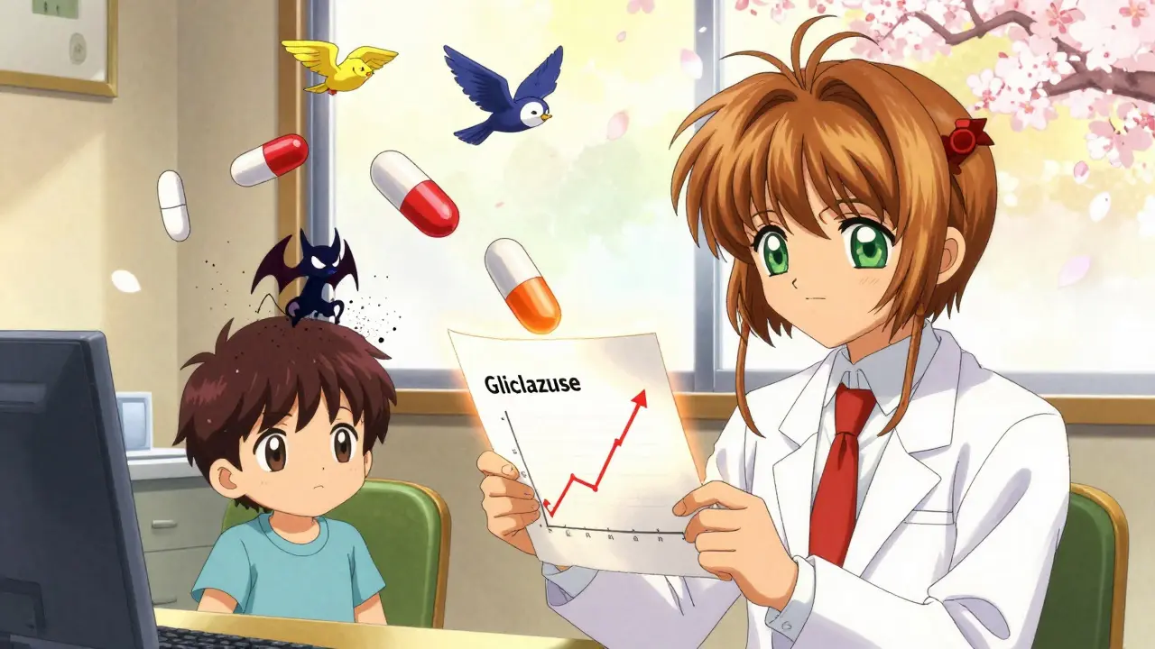 A doctor and patient watch a magical chart transform from weight gain to loss as new medications fly away like birds.