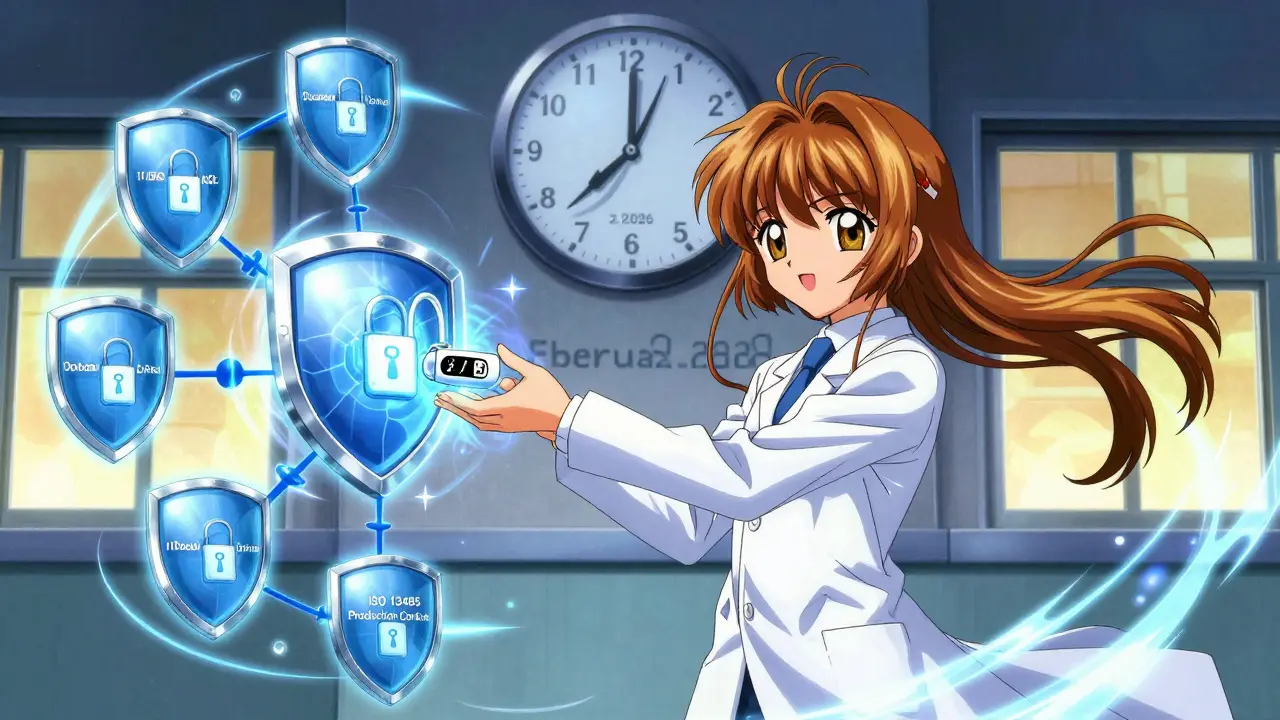 A female engineer uses glowing energy shields to fix an insulin pump, surrounded by animated quality control subsystems.