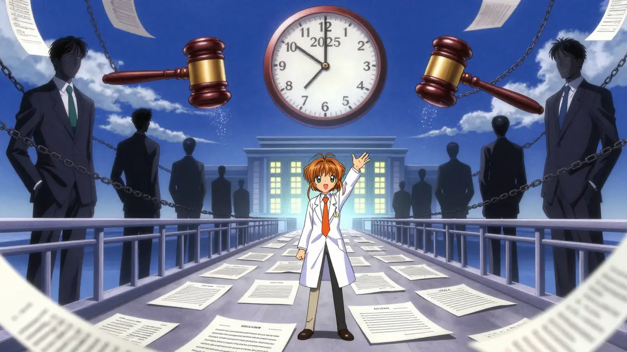 A generic drug developer reaching toward an FDA building while chained by dosing patent clauses.