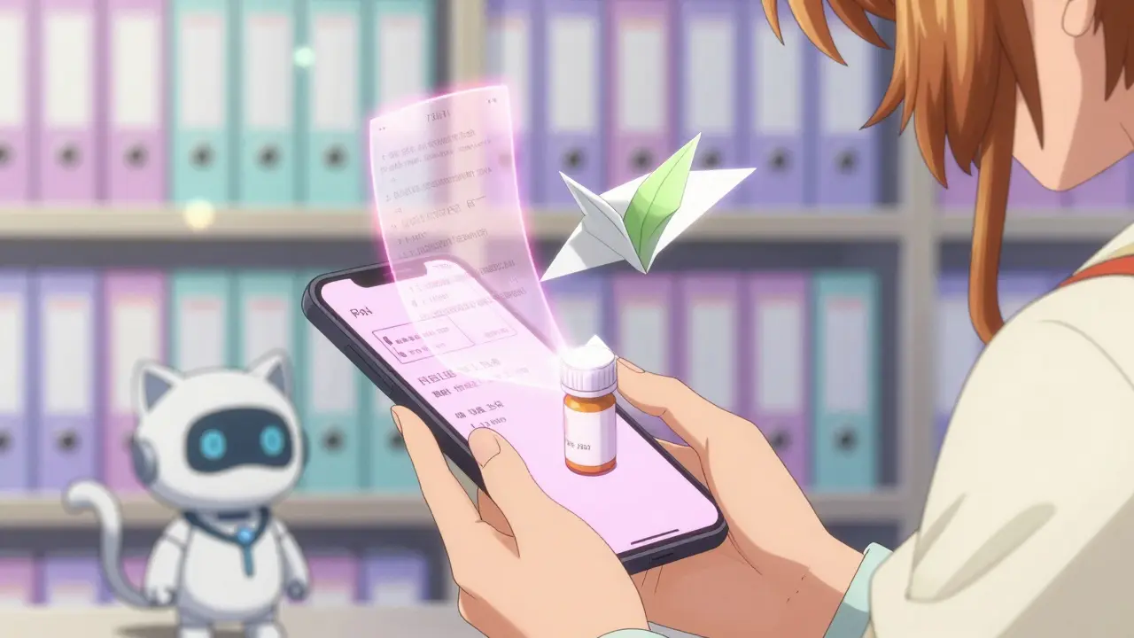 A hand scanning a pill bottle that projects a holographic medication leaflet with animated text.