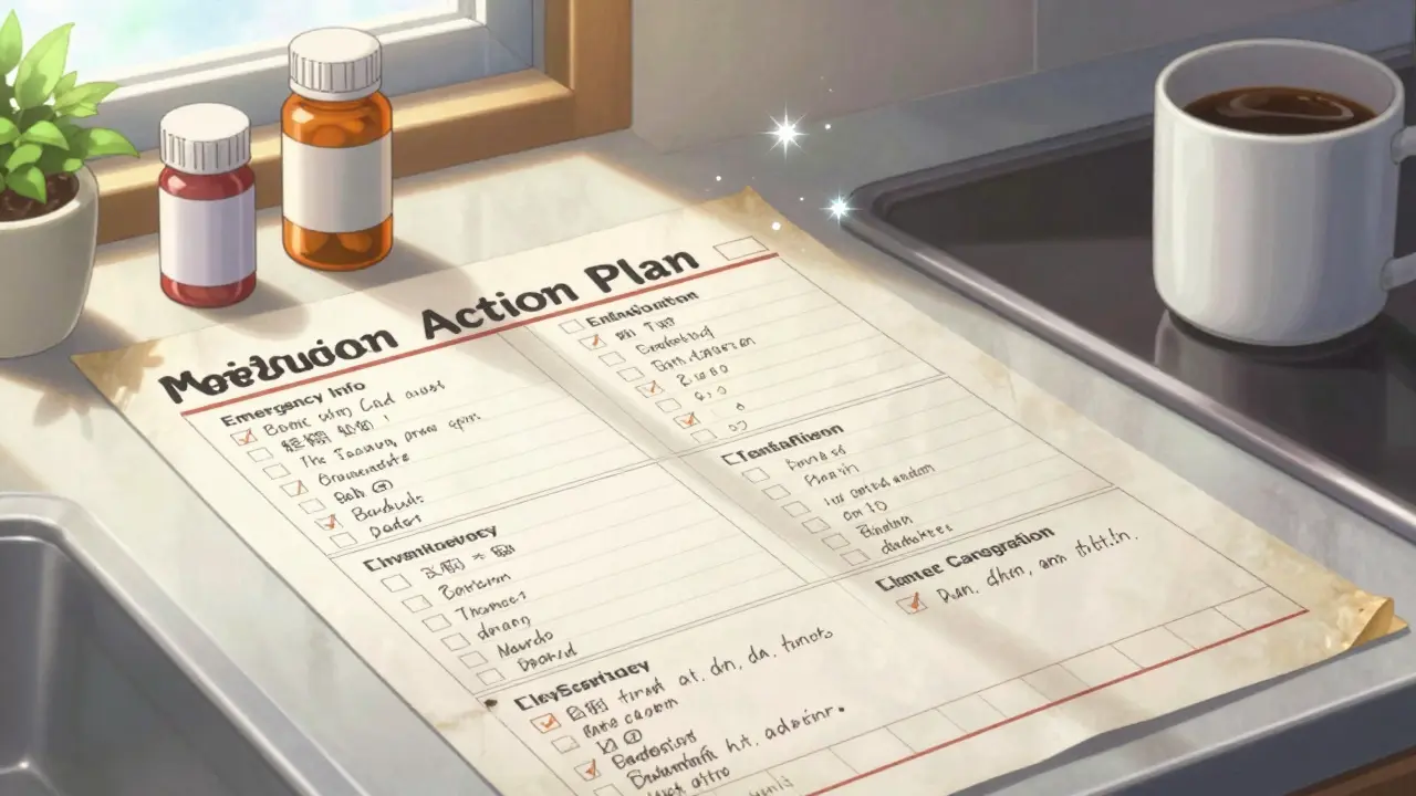 A Medication Action Plan on a kitchen counter with pill bottles and sunlight, glowing softly as a symbol of safety.