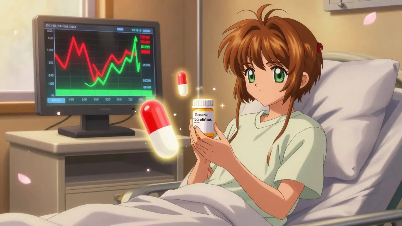 A patient holds a generic pill as two spectral versions flicker beside a blood level monitor in soft anime lighting.