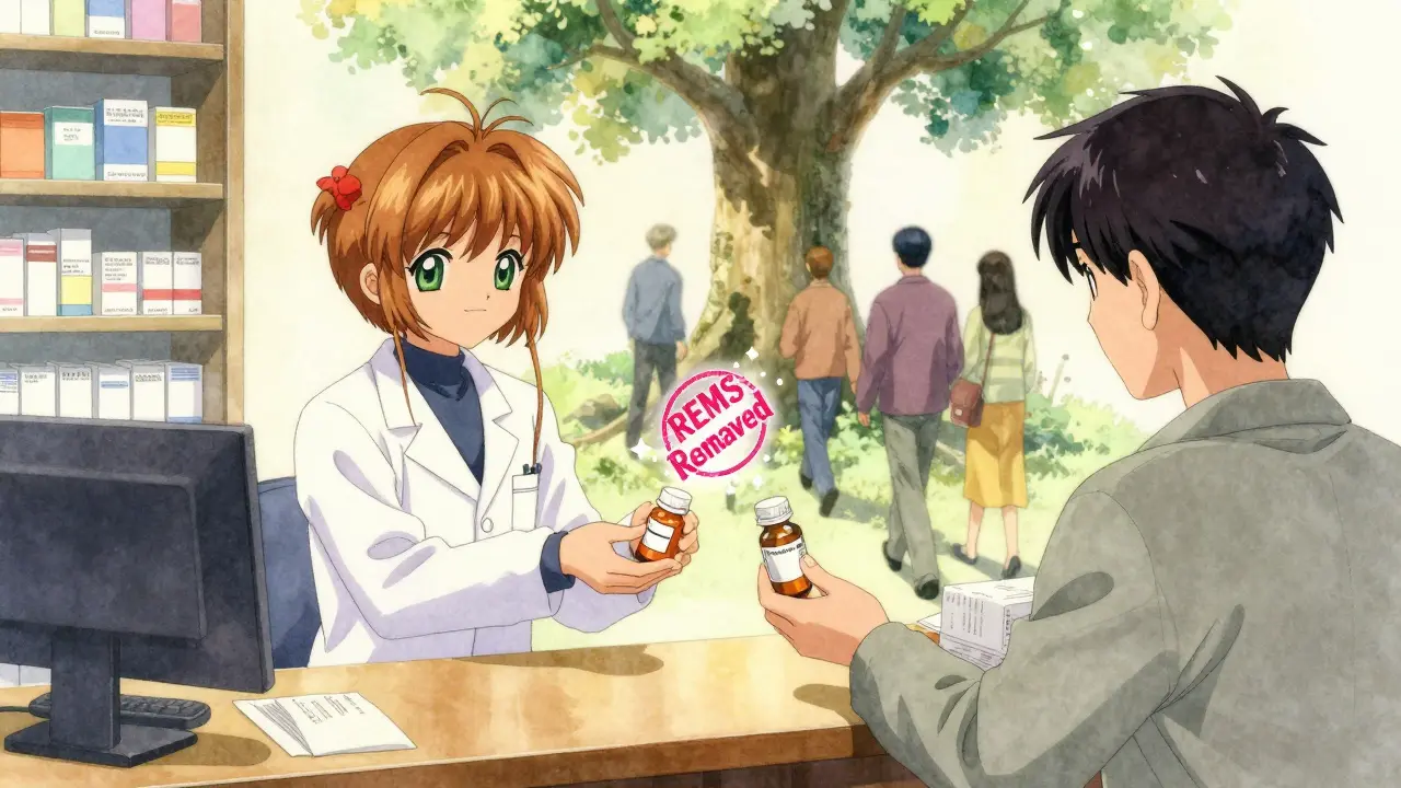 A pharmacist hands a clozapine prescription to a patient as a 'REMS Removed' stamp dissolves into sparkles.