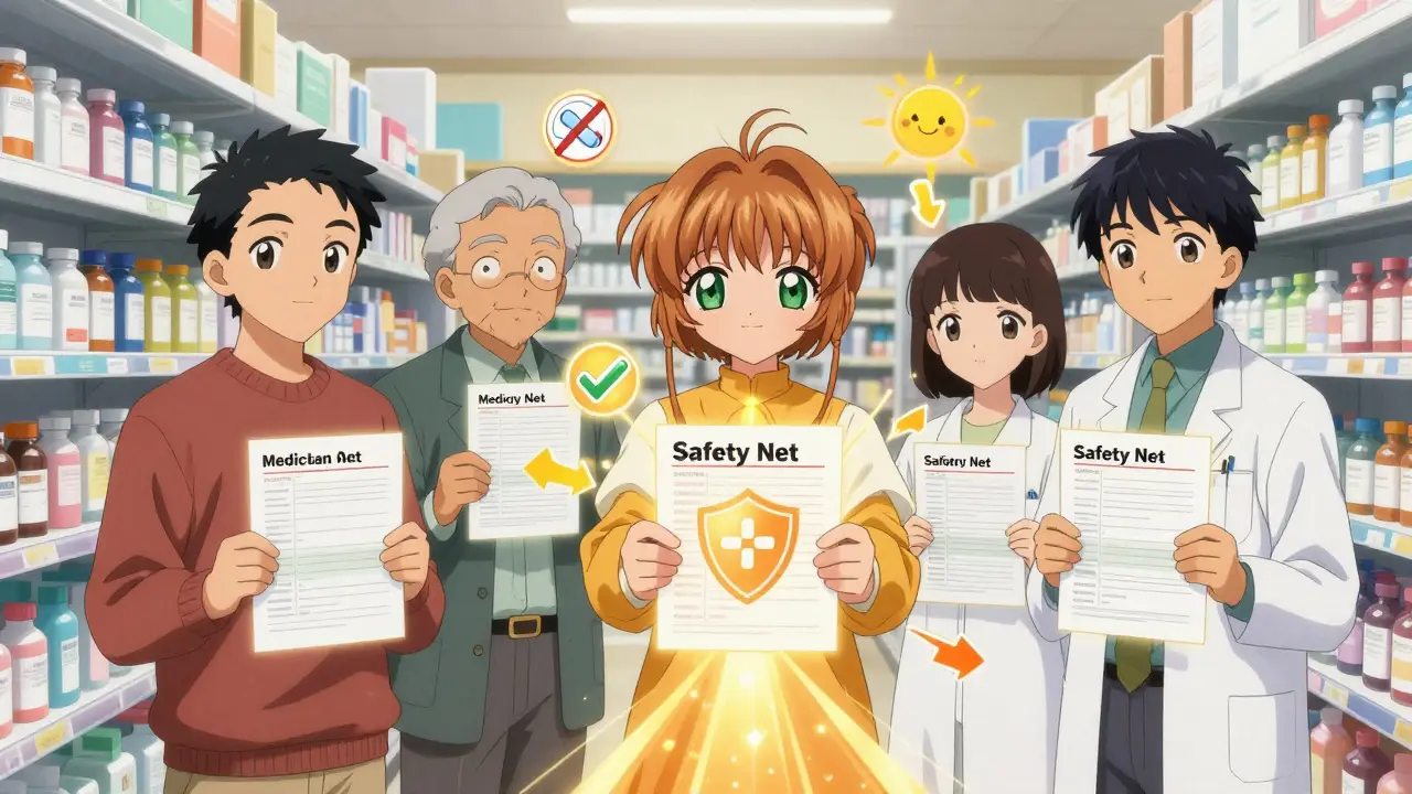 A senior, caregiver, and pharmacist sharing Medication Action Plans that glow, connected by a path leading to a safety shield.