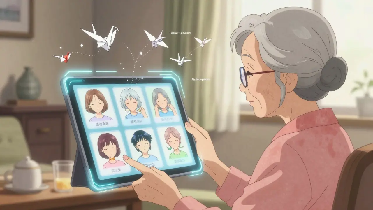 An elderly woman views holographic versions of herself taking different meds, with paper cranes bearing empowering messages drifting nearby.