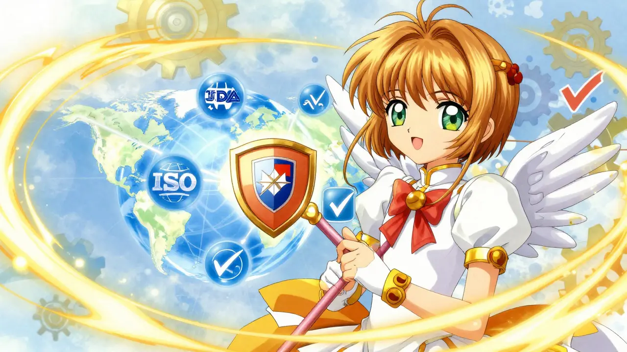 Character merging FDA and ISO regulatory symbols into unified global shield.