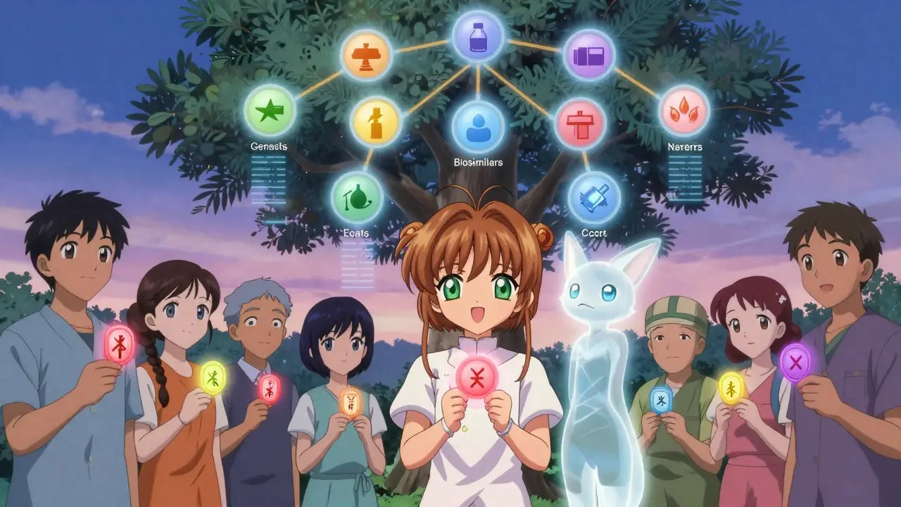 Diverse patients hold glowing tokens representing their medication preferences, guided by a spirit fox amid a tree of treatment options.