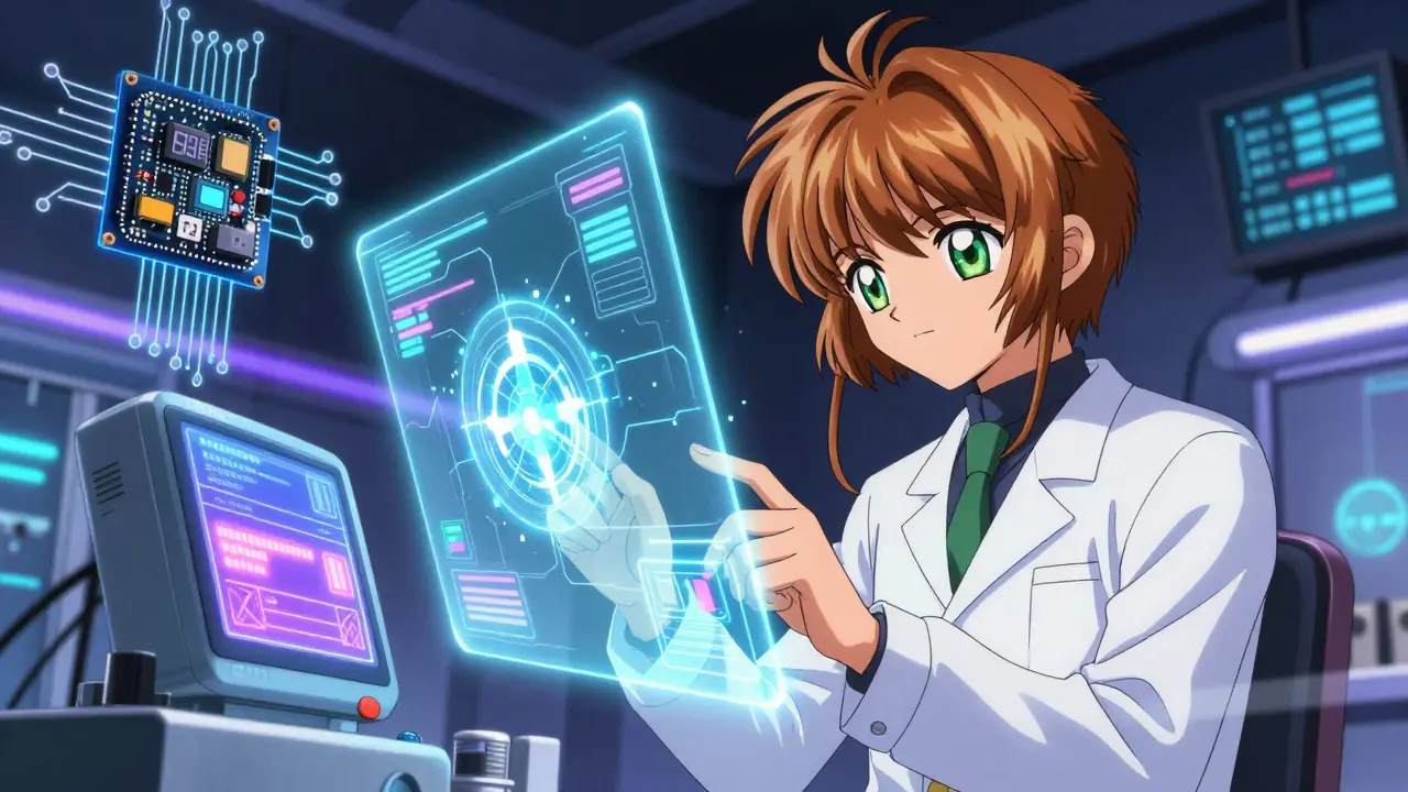 Engineer using AI hologram to analyze medical device quality data.