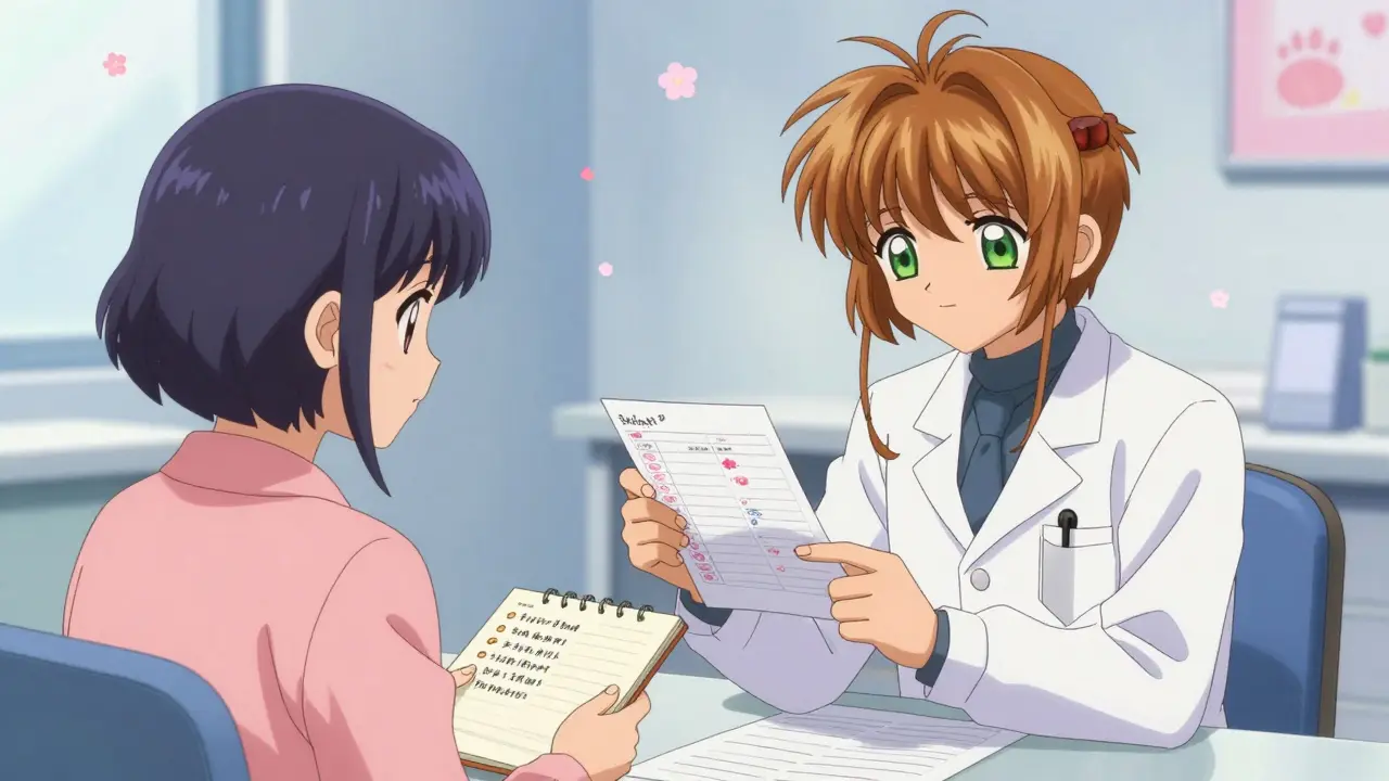 Patient and OB/GYN discussing medication list during consultation.