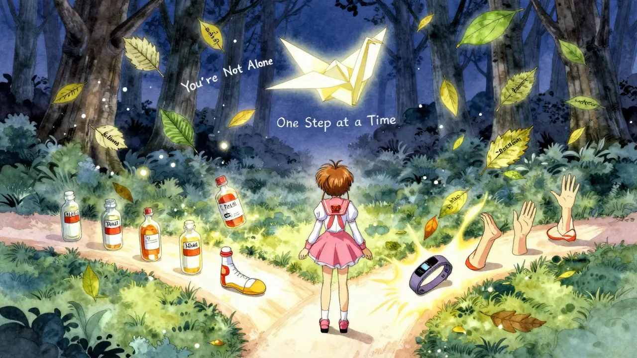 Person at a magical crossroads with three glowing paths representing health, movement, and connection.