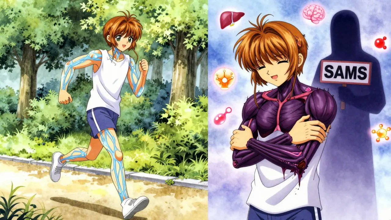 Split scene of a patient experiencing statin benefits and muscle side effects