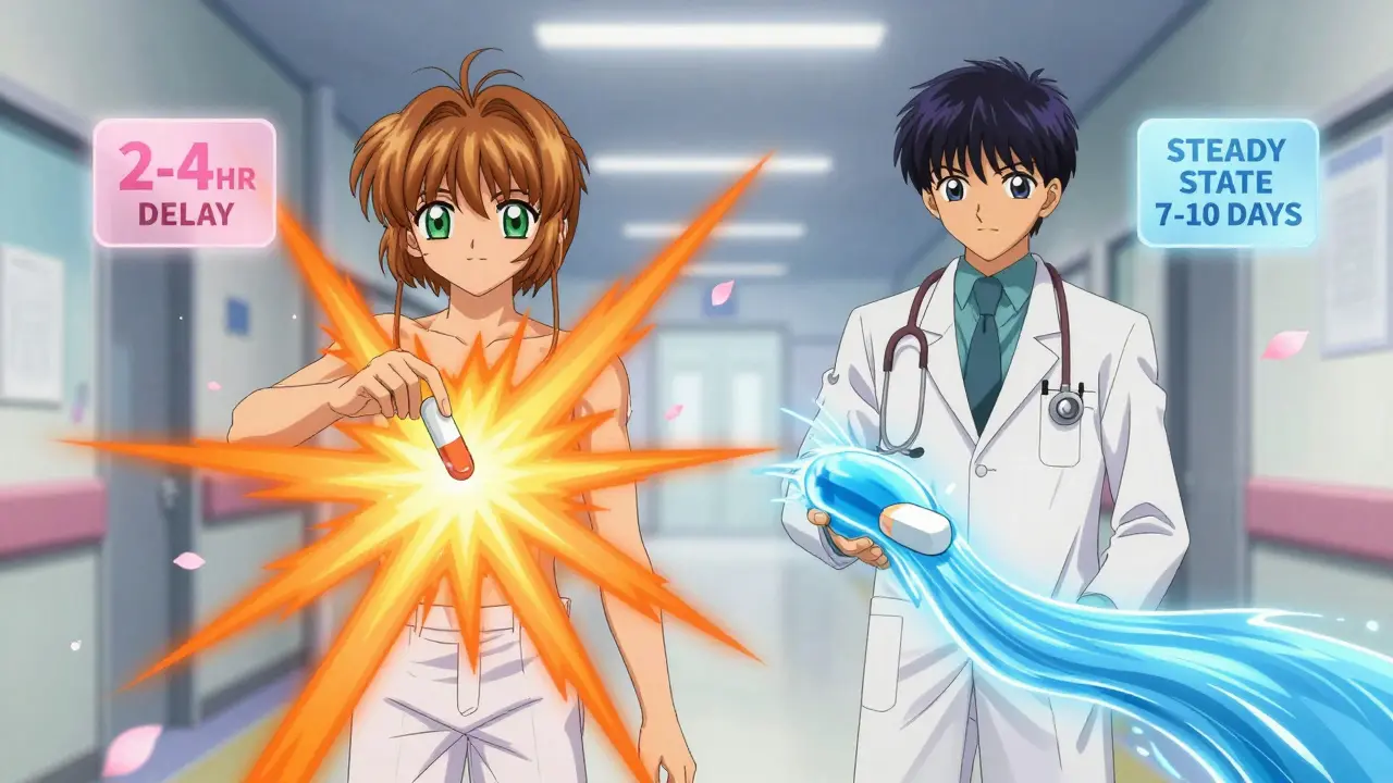 Two figures show contrasting effects: immediate-release energy burst vs. extended-release calm flow.