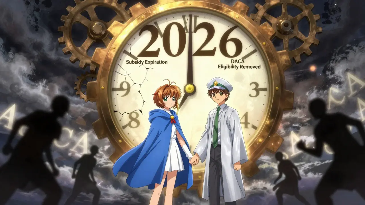 Two individuals standing together as a giant clock crumbles, shielding them from looming premium hikes.