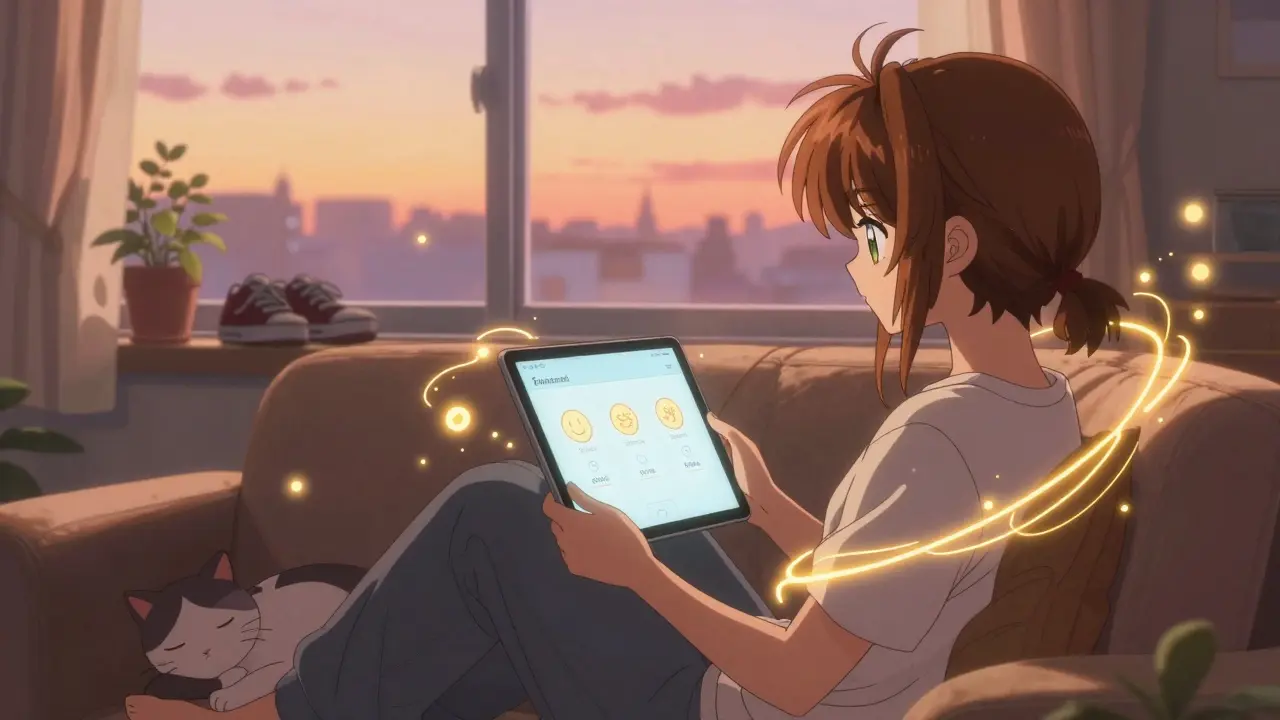 Woman using a simple health app on her couch at sunset with her cat and walking shoes nearby.