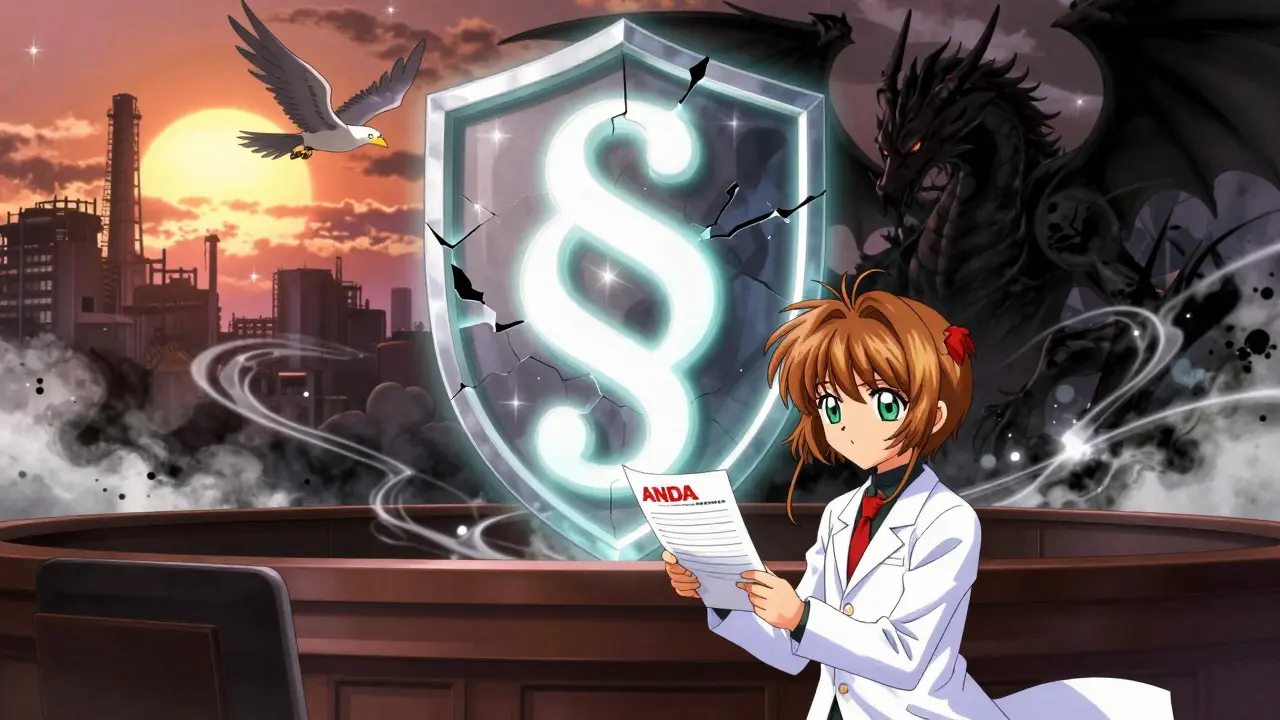 A courtroom scene with a fractured shield symbol being challenged by a dragon, as an ANDA application transforms into a flying bird.