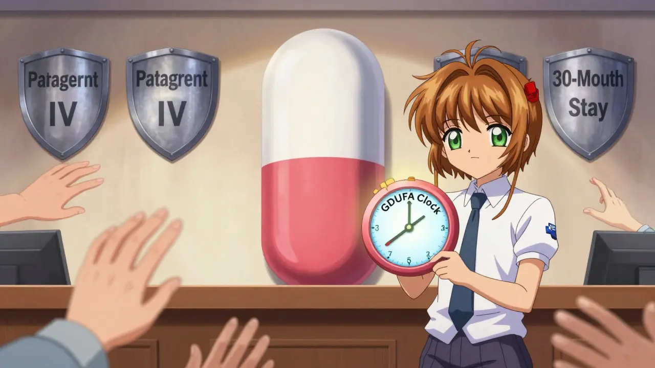 A generic pill standing against patent shields as an FDA officer holds a ticking clock, patients reaching for medicine in the background.