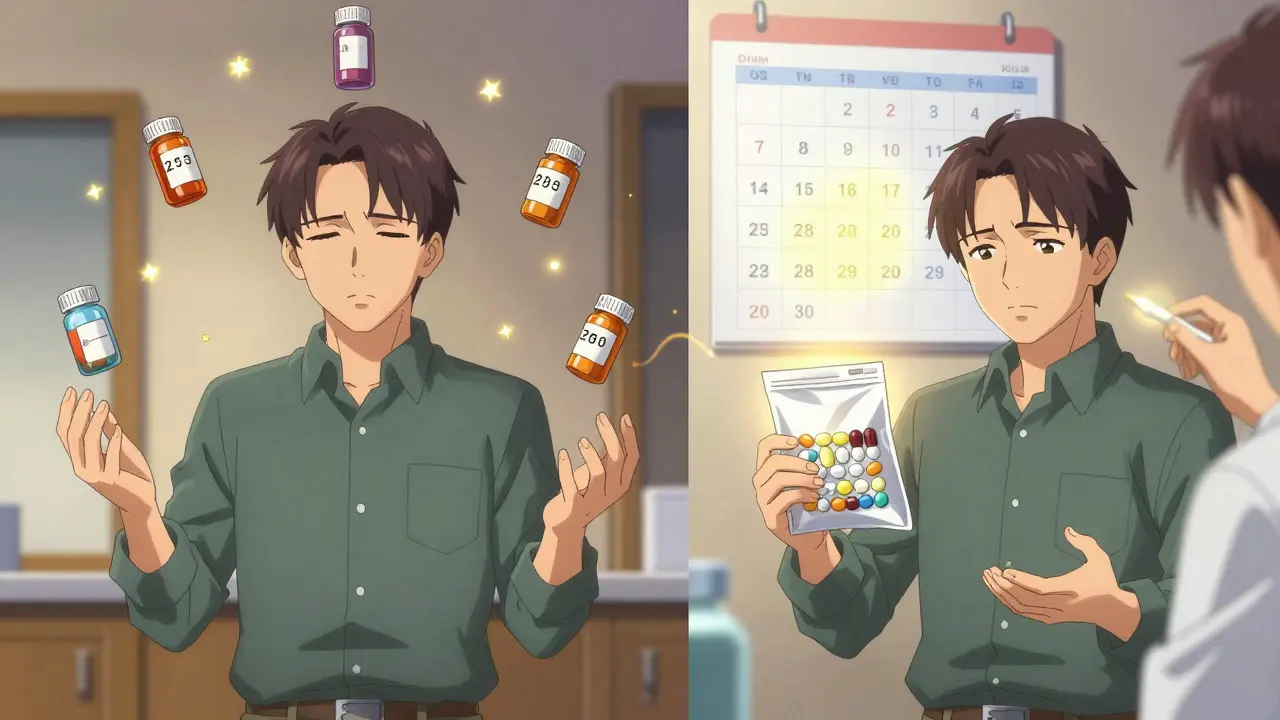 A man transitioning from chaotic pill juggling to calm single-bag pickup, with glowing calendar dates aligning into one monthly point.