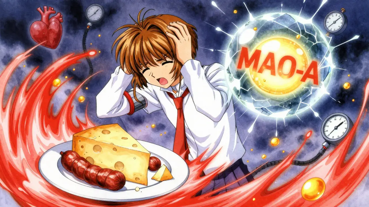 A person experiencing a hypertensive crisis as tyramine energy shatters an enzyme, with blood pressure symbols exploding around them.