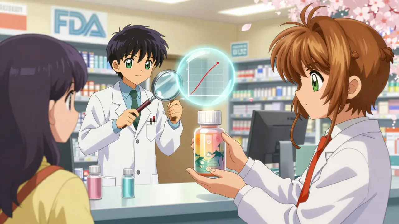 A pharmacist handing a pill bottle to a customer, with floating global manufacturing symbols and an FDA inspector inspecting the pill.