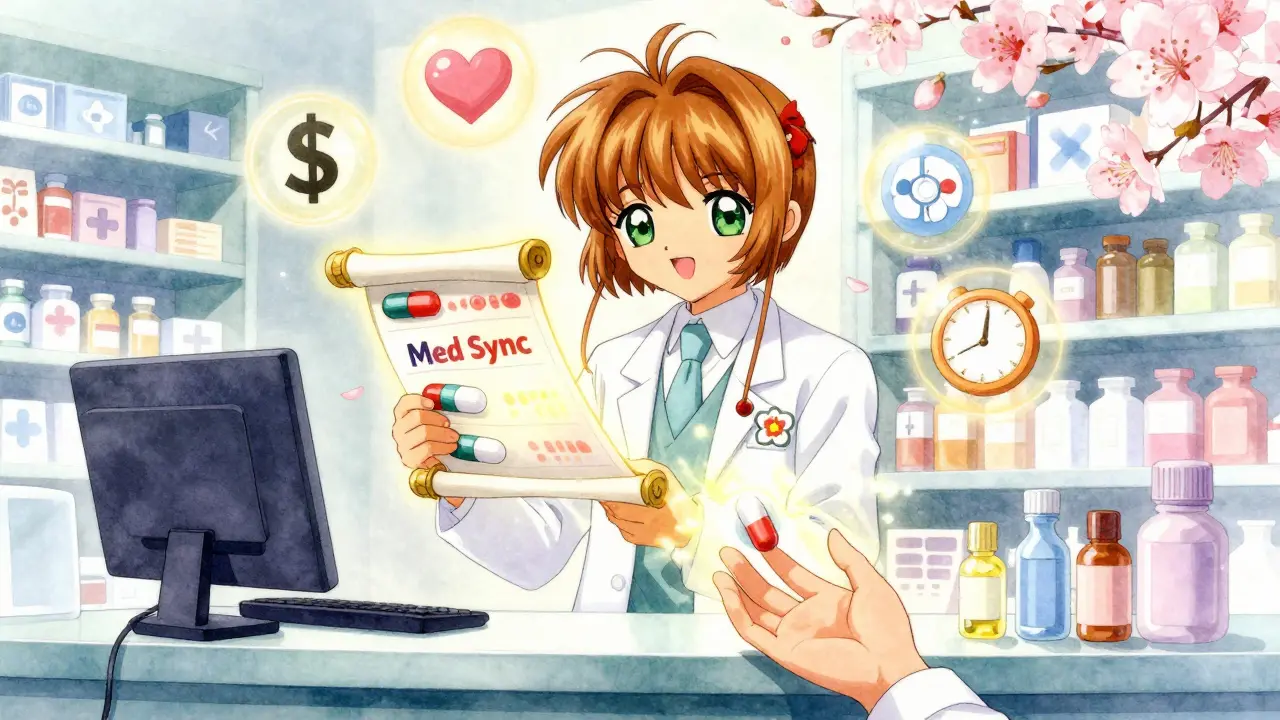 A pharmacist transforms multiple prescriptions into one glowing capsule, surrounded by floating icons of savings, health, and convenience in a magical pharmacy setting.