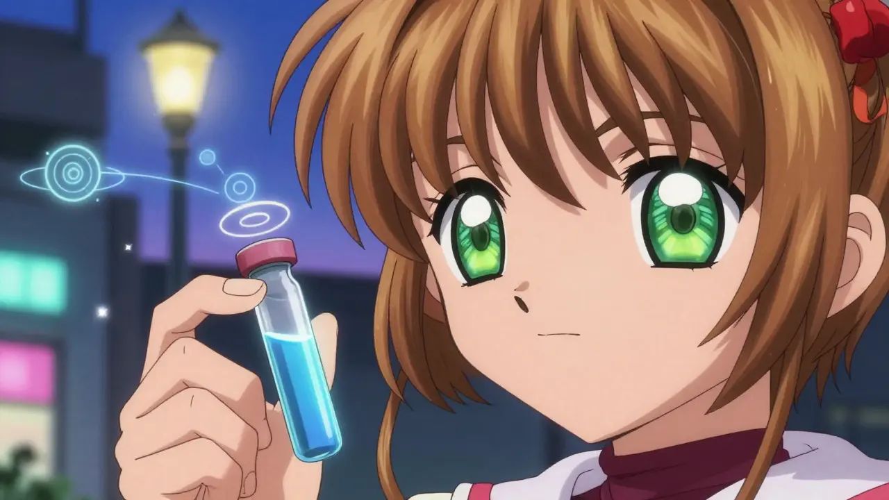 Character eyes reflecting yellow-green halos while holding a glowing medical vial.