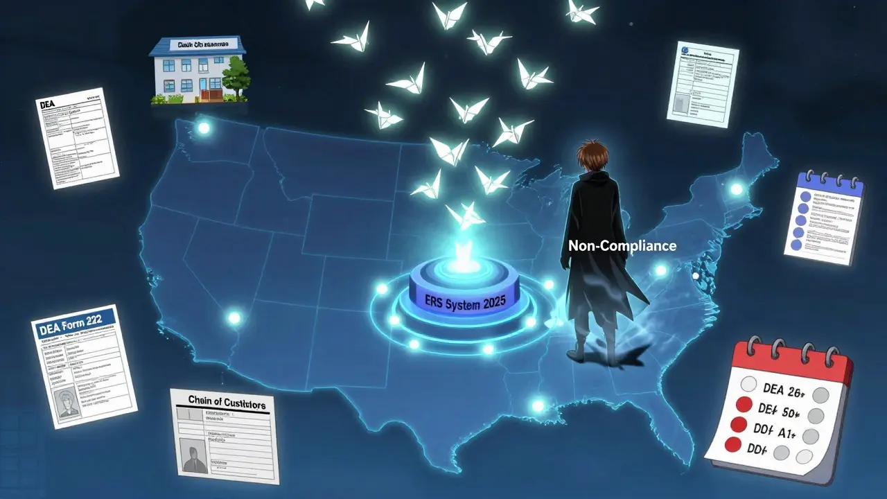 Digital map showing DEA-registered disposal centers with glowing requests flowing toward an electronic system.