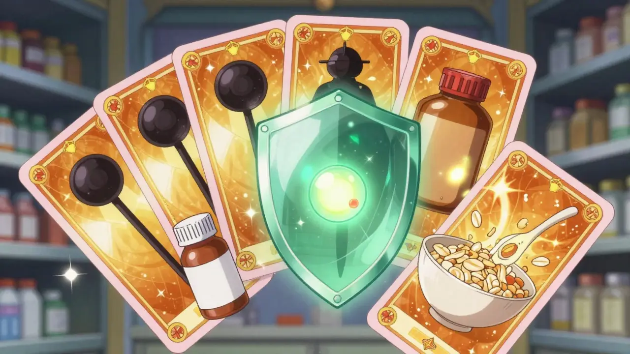 Floating warning cards of licorice and pills blocked by a green energy shield.