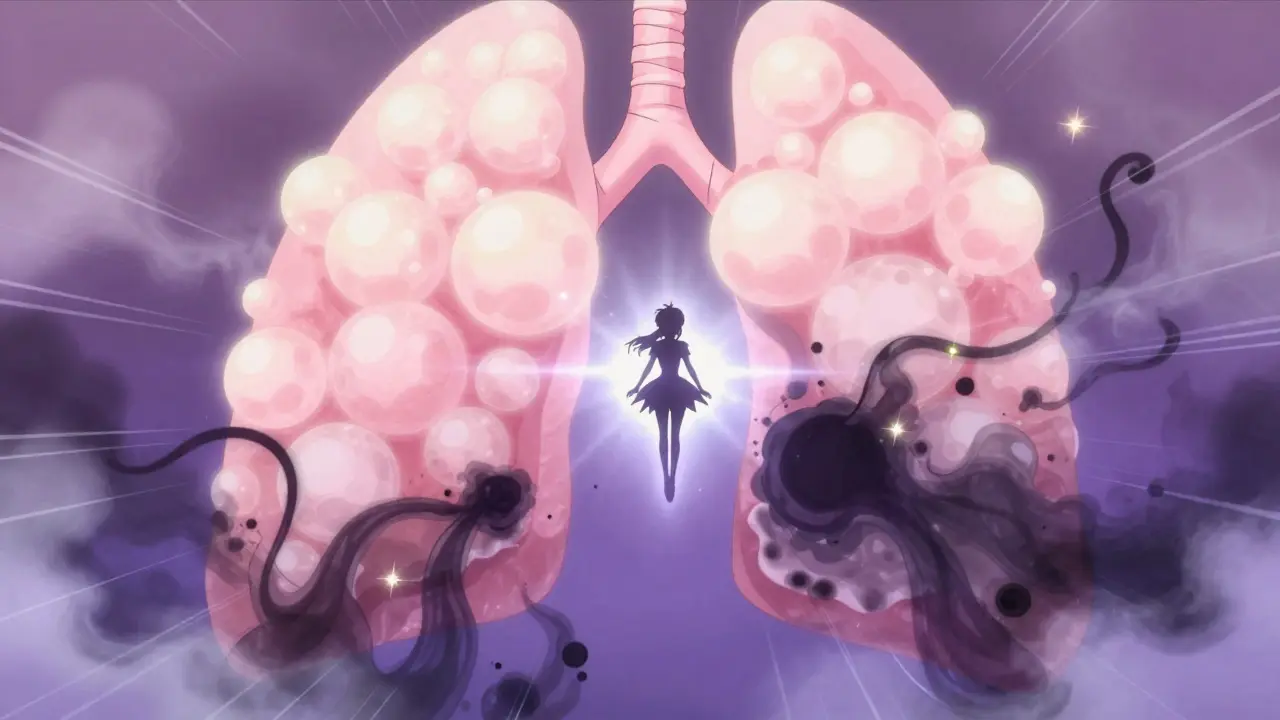 Magical girl defending glowing lung clouds from shadowy enzymes in lower region.
