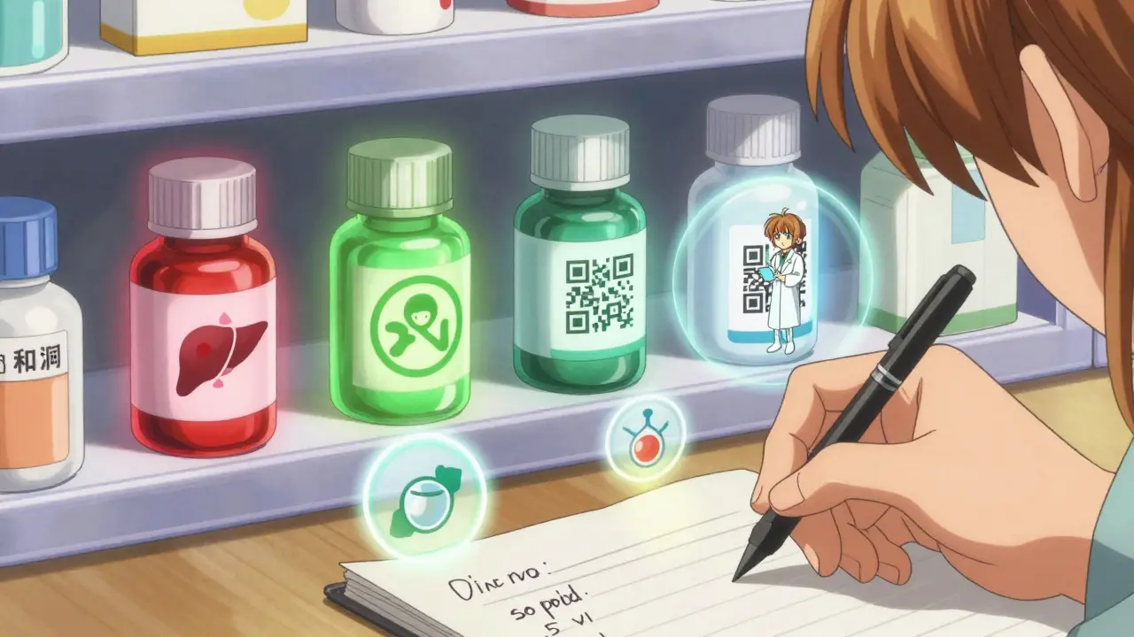 OTC medicine bottles emit colored auras representing warnings and safety icons, with a hand writing active ingredients on a notepad.