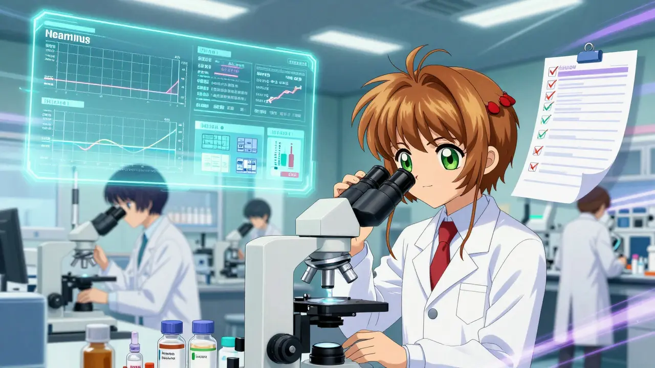 Scientists in a high-tech lab examining drug vials with holographic bioequivalence data from global factories.