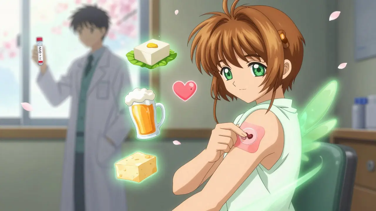 Someone wearing an Emsam patch surrounded by safe foods and a genetic testing vial, in a calm, sunlit room.