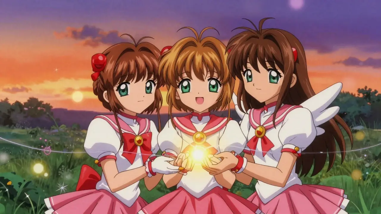 Three anime figures connected by glowing genetic threads in a sunset meadow.